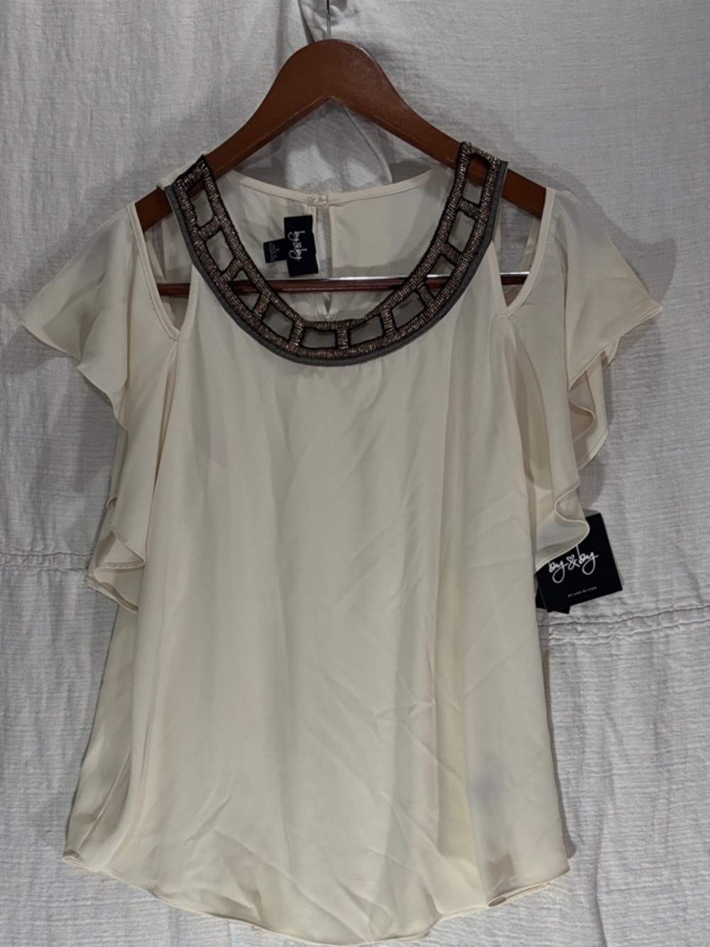 by & by NWT Champagne Cold-Shoulder Flutter Sleeve Blouse Large Beaded Neckline